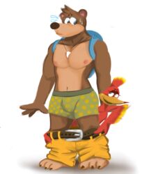 2019 anthro backpack bag banjo-kazooie banjo_(banjo-kazooie) bulge clothing digital_media_(artwork) epitaphkho_(artist) furry kazooie male male_focus mammal necklace nipples rareware shorts simple_background sweat tooth_necklace underwear video_games