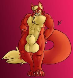 animal_genitalia anthro balls big_balls big_sheath canid canine fox fur hi_res kotetsu_rexen looking_at_viewer male male_only mammal muscular muscular_male nude sheath simple_background smile solo