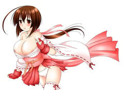 1girls blush breasts brown_eyes brown_hair cleavage clothing fingerless_gloves gloves hair_ribbon hair_ribbons hanapin hanapin_(pixiv) huge_breasts japanese_clothes large_breasts long_hair miko_outfit musubi nipple_slip nipples nontraditional_miko panties ribbon ribbons sekirei stockings thighhighs underwear white_panties