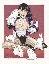 amanda_conner black_hair blue_eyes breasts dc earrings female fishnets gloves long_hair nipples straight_hair tagme zatanna