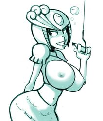 1girls belly_button big_breasts breasts helmet mega_man mega_man(classic) monochrome navel nipples splash_woman sub_tank