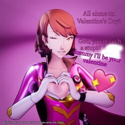 1girls 3d 3d_(artwork) amateurthrowaway atlus breasts breasts_out brown_eyes brown_hair dialogue english_text female large_breasts light-skinned_female light_skin nipples persona persona_3 persona_4_arena short_hair text valentine's_day yukari_takeba