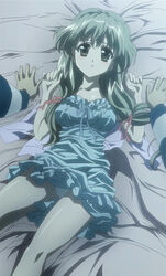 cap lingerie long_hair lying nightgown nogizaka_haruka nogizaka_haruka_no_himitsu panties pantyshot pantyshot_(lying) screencap stitched tied_hair twintails underwear