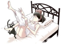 1girls artist_request bed bloomers bloomers_(victorian) bottomless bow breasts brown_hair camisole clothing feline female hairband hairbow human jiji_(kiki's_delivery_service) kiki kiki's_delivery_service light-skinned_female light_skin lying panties panty_pull short_hair studio_ghibli tank_top underwear witch young