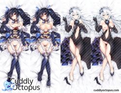 2020 areolae black_hair black_heart blue_eyes breasts breasts_out color cuddly_octopus dakimakura dakimakura_design dress female_only hair hair_ornament high_heels highres hyperdimension_neptunia long_hair looking_at_viewer neptunia_(series) nipples noire pussy red_eyes shaved_pussy thighhighs tsukimaru twintails uncensored watermark white_hair