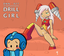 1boy 1girls arm_cannon blush dark_skin dress drill_hair drill_man female flat_chest green_eyes jopereira long_hair male mega_man mega_man(classic) mega_man_4 no_panties pink_hair pussy robot rule_63 shaved sitting skirt_lift smiling tied_hair twintails uncensored