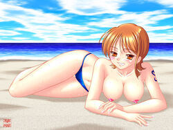 beach blush breasts color day female female_only hair hanazuka_ryouji human lying nami nipples one_piece orange_hair outdoors pre-timeskip repeated_image solo straight_hair tagme topless