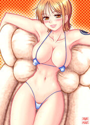 areolae armpits bikini blush breasts cleavage color erect_nipples female female_only hair hanaduka hanazuka_ryouji human large_breasts lips micro_bikini nami navel one_piece orange_eyes orange_hair outstretched_arms pre-timeskip pubic_hair short_hair skimpy smile solo spread_arms sweat swimsuit tattoo