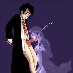 artist_request blowjob blush bottomless breasts clothing cum ejaculation fellatio ghost ghost_girl glasses harry_james_potter harry_potter kneeling moaning_myrtle necktie open_clothes open_shirt oral pubic_hair red_penis robe school_uniform shirt side_view standing tied_hair twintails veiny_penis