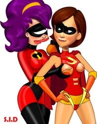 2girls cosplay crossover disney elastigirl_(cosplay) female female_only futurama helen_parr multiple_girls nipples pixar s.i.d straight_hair the_incredibles turanga_leela yuri