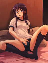 bed buruma cameltoe e20 feet fingering footwear gym_uniform kneehighs long_hair malariya masturbation pillow purple_eyes purple_hair quiz_magic_academy sitting socks solo spread_legs