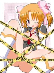 1girls apricot_sakuraba boots bottomless broccoli caution_tape censored female galaxy_angel galaxy_angel_ii galaxy_angel_rune keep_out no_bra open_clothes open_shirt orange_hair purple_eyes pussy sakuraba_apricot shirt shishimaru_ken'ya short_twintails solo spread_pussy tied_hair twintails uniform wink