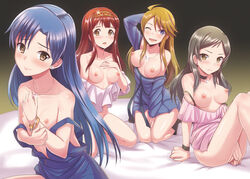 4girls between_legs blue_hair blush bracelet breasts brown_eyes brown_hair choker dan_(orange_train) earrings flat_chest green_hair hairband hand_between_legs idolmaster idolmaster_million_live! jewelry kisaragi_chihaya kitazawa_shiho long_hair multiple_girls necklace nipples no_panties off_shoulder one_eye_closed pendant purple_eyes sitting smile strap_slip tanaka_kotoha tokoro_megumi yellow_eyes