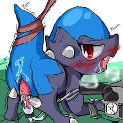 animal blush bound color cranidos cum feral lowres male male_only milking_machine nude penis penis_milking pixel pokemon red_eyes solo tagme