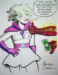 1girls amanda_conner blonde_hair eyeshadow fantastic_four human_torch image_comics johnny_storm marvel money prostitution smoking speech_bubble straight_hair text the_pro