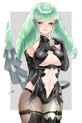 1girls alternate_costume bare_midriff breasts center_opening cleavage elbow_gloves female female_only finger_to_chin fingerless_gloves fire_emblem fire_emblem:_three_houses flayn_(fire_emblem) gloves green_eyes green_hair kronya_(fire_emblem)_(cosplay) large_breasts long_hair looking_at_viewer midriff nintendo osiri_siri_siri revealing_clothes seductive seductive_smile smile solo thigh_boots thighs twintails underboob