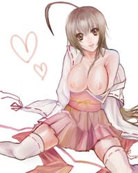 breasts brown_eyes brown_hair clothing huge_breasts japanese_clothes large_breasts miko_outfit musubi nontraditional_miko open_clothes open_shirt sekirei shiori_(artist) shirt short_hair sitting skirt smile stockings thighhighs