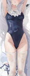1girl akita_hika armpits arms_up ass_visible_through_thighs blue_archive casual_one-piece_swimsuit commentary_request covered_navel covered_nipples eyes_out_of_frame feet_out_of_frame female female_only frilled_one-piece_swimsuit frills from_above head_out_of_frame highleg highleg_one-piece_swimsuit highres hip_focus lying miyako_(blue_archive) miyako_(swimsuit)_(blue_archive) off-shoulder_one-piece_swimsuit off_shoulder official_alternate_costume on_back one-piece_swimsuit solo swimsuit thighhighs wet wet_clothes wet_swimsuit wet_thighhighs white_thighhighs