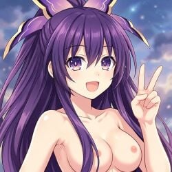 armpits ass_length_hair azur_lane collarbone date_a_live delicate_features delicate_hands nipples nude_female nude_filter open_mouth pinterest purple_eyes purple_hair shoulders smiling_at_viewer smiling_female thin_female thin_waist v-sign yatogami_tohka