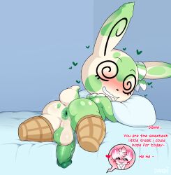 absurd_res anthro anus baashi balls bed blush dessert duo food furniture generation_3_pokemon genitals hi_res ice_cream male male/male miziu_(baashi) musky_balls musky_butt nintendo penis pillow pokemon pokemon_(species) shortstack smile smirk spinda teasing vein veiny_penis