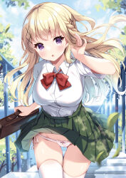 1girl bag blonde_hair blue_hair blue_sky blush braid breasts clothes_lift cloud collared_shirt day gradient_hair green_skirt hair_ornament highres holding holding_bag irori large_breasts long_hair looking_at_viewer melonbooks multicolored_hair original outdoors panties pink_panties purple_eyes school_bag shirt short_sleeves sidelocks skirt skirt_lift sky solo stairs thighhighs two-tone_hair underwear walking white_shirt white_thighhighs wind wind_lift x_hair_ornament