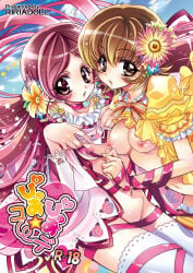 brown_eyes brown_hair doujinshi_cover dressed flowers hanasaki_tsubomi heartcatch_precure! myoudouin_itsuki nipples_outside pink_eyes pink_hair precure ribbons ririadoll short_hair stockings takewakamaru twintails yuri