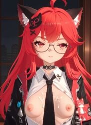 ai_generated animal_ears black_tie button_down_shirt cum_on_breasts exposed_breasts exposed_nipples female female_focus female_only furry_ears glasses jacket long_hair nanally_(neverness_to_everness) neverness_to_everness nipples red_eyes red_hair small_breasts tie unamused unbuttoned_shirt