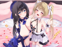 2girls :d arm_under_breasts arm_up asymmetrical_docking bare_shoulders bed_sheet bedroom belt beret black_hair blonde_hair blue_neckerchief blue_skirt blue_thighhighs blunt_bangs blurry blurry_background blush bow breast_press breasts condom condom_wrapper corset covered_nipples criss-cross_halter depth_of_field detached_collar detached_sleeves dress fingernails frills from_above hair_between_eyes hair_bow hair_over_shoulder halterneck hand_to_own_mouth hat heart heart-shaped_pupils highres huge_breasts idol idol_clothes indoors kneeling large_bow large_breasts long_hair long_sleeves looking_at_viewer miniskirt multiple_girls navy_(navy.blue) neckerchief no_bra no_shoes on_bed open_mouth original petals pillow pink_eyes rose_petals sidelocks skirt smile straight_hair symbol-shaped_pupils thighhighs twintails white_belt white_dress white_thighhighs wrist_cuffs