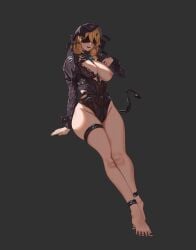 1girls akkuon andoris_(girls'_frontline_2) barefoot big_breasts blindfold blonde_hair breasts breasts_out fake_horns fake_tail female female_only girls'_frontline girls'_frontline_2:_exilium halloween_costume hood large_breasts leotard long_hair mole mole_under_mouth nipples official_alternate_costume one_breast_out shrug_(clothing)