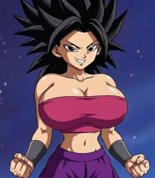 1girl 1girls ai_generated big_breasts breasts caulifla cleavage dragon_ball dragon_ball_super female female_only huge_breasts large_breasts midriff navel saiyan saiyan_female solo solo_female spiky_hair strapless tube_top tubetop