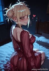 1girl 2026 ai_generated anime ass bags_under_eyes bangs bed blonde_hair blunt_bangs blush boku_no_hero_academia boobs breasts buttocks choker cleavage covered_nipples crossover double_bun dress eye_contact female female_focus flushed grin hair_bun heart highres himiko_toga indoors inside long_sleeves looking_at_viewer looking_back medium_breasts messy_hair my_hero_academia narrowed_eyes night nightgown nsfw on_bed patreon patreon_username pillow rognezart see-through sidelocks sitting smile smiling solo toga_himiko window yellow_eyes