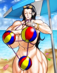 1girls bare_shoulders beach big_breasts black_hair bracelet busty cleavage closed_eyes curvy day detailed_background ear_piercing earrings eyelashes female female_only front_view glasses holding_object hourglass_figure huge_breasts human lipstick long_hair makeup muscle muscular muscular_female nail_polish negoto_(nego6) nico_robin oil one-piece_swimsuit one_piece outdoor outside piercing pink_lipstick pose posing sand shiny shiny_skin skimpy sling_bikini solo standing straight_hair sunglasses sunglasses_on_head swimsuit thick_thighs underboob voluptuous water wide_hips