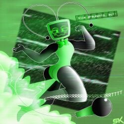 1girl 2d ass ass_focus black_arms blushing butt butt_focus dandy's_world dialogue eproctophillia fart fart_cloud fart_fetish farting farts glitch_effect green_eyes green_fart green_fart_cloud green_tie green_torso microphone_tail nyrezu onomatopoeia smiling thicc thicc_thighs thick_thighs tv_head tv_woman vee_(dandy's_world)