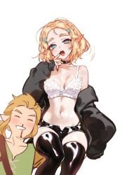 1boy 1girls 2026 2d blonde_hair female foolish_potato highres jacket leggings light-skinned_female light_skin lingerie link male nintendo nosebleed open_mouth princess_zelda shorts tears_of_the_kingdom the_legend_of_zelda zelda_(tears_of_the_kingdom)