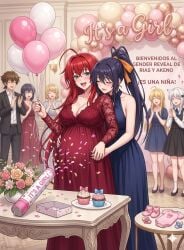 2girls ai_generated akeno_himejima big_ass big_breasts blush blushing_female closed_eyes curvy curvy_female female female/female female_only female_pregnancy girlfriends girls_love happy_couple high_school_dxd lesbian_couple maternity_clothes maternity_dress pregnant pregnant_by_lesbian pregnant_female rias_gremory voluptuous_female wide_hips wife_and_wife yuri