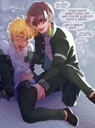 2boys akihiko_nirei before_sex blonde blonde-haired_male blonde_hair blush blush_lines blushing brown_hair dirty_talk dubious_consent ear_piercing earrings eyepatch flaminggay freckles gay grope groping hand_on_crotch hand_on_penis holding_face jacket_open messy_hair palming panting praise smile smirk suo_hayato sweat sweatdrop sweating tounge_out tremble_spikes trembling twink unbuckled_belt wind_breaker windbreaker yaoi
