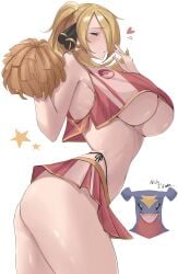 1girls alternate_costume ass blonde_hair blue_eyes breasts calmgreentori cheerleader cheerleader_uniform colored cynthia_(pokemon) earrings game_freak garchomp hair_ornament hair_over_one_eye heart huge_breasts jewlery large_ass looking_at_viewer meme meme_reference nah_id_win navel nintendo pokemon pokemon_dppt pom_poms ponytail revealing_clothes short_skirt skimpy_clothes skirt star tagme text underboob