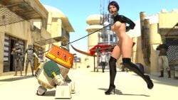3d 3d_(artwork) 3d_render arms_behind_back bitch_taken_for_walk bondage bound bound_arms collar female female_focus femsub gag gagged high_heels leash machine_bondage metal_collar outdoors png renderedgaze robot star_wars
