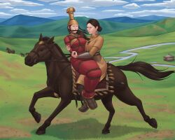 2girls bit_gag bondage bound breasts grass horse horse_riding kidnapping mongolian mongolian_clothes mumuffet original outdoors scar_on_face traditional_clothes yuri