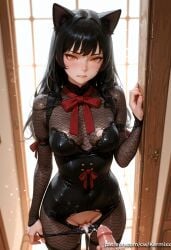 1boy 1girl after_sex ai_generated animal_ears bangs black_hair blake_belladonna blush bow bowtie breasts cat_ears cleavage closed_mouth cum cum_in_pussy cumdrip fishnets hetero kermixx large_breasts lips long_hair long_sleeves looking_at_viewer medium_breasts panties panty_pull pantyhose penis pussy red_ribbon ribbon rwby solo_focus standing sweat torn_clothes uncensored underwear