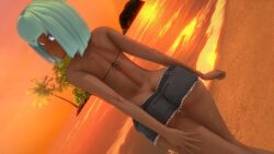 1girls ass ass_focus emerald_sustrai green_hair green_hair_female half-dressed half_naked half_naked_female logang45 red_eyes rwby short_shorts solo_female sunset