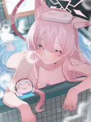 1girls akira_(blue_archive) animal_ears ass bare_shoulders bathing blue_archive blush breasts cat_ears commentary completely_nude doodle_sensei_(blue_archive) female female_focus halo long_hair nude nude_female partially_submerged pink_eyes pink_hair sensei_(blue_archive) shusuchii small_breasts steam tail towel towel_on_head untranslatable_commentary