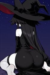1girl ai_generated ass bare_shoulders barefoot black_dress black_hair black_headwear black_sleeves bow chlomaki colored_skin detached_sleeves dress feet fishnet_thighhighs fishnets from_behind funamusea hat hat_bow long_hair night night_sky pale_skin sitting sky soles solo thighhighs toes very_long_hair wadanohara_and_the_great_blue_sea wariza white_skin white_skin_(monochrome) witch witch_hat