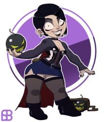 1girl black_hair black_lipstick boots contrapposto corset crazy_eyes fishnets full_body goth goth_girl grin short_hair shortstack simple_background sketch skirt small_breasts solo white_skin wide_hips
