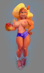 2019 anthro areolae bandicoot blonde_hair crash_(series) eyeshadow female flo_(artist) gumdrops_(artist) large_breasts lipstick long_hair looking_at_viewer makeup orange_fur pink_nipples shoes shorts sneakers socks tawna_bandicoot thick_thighs topless wumpa_fruit