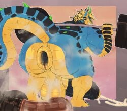 adam_the_wolf anthro anus balls big_balls big_butt big_penis black_hair blonde_hair blue_body bodily_fluids butt canid canine canis crouching cum cumshot dildo dildo_sitting dragon ejaculation exercise foreskin gaping gaping_anus genital_fluids genitals ghangaji grinding hair hi_res horn huge_balls huge_butt huge_penis hybrid hyper hyper_balls hyper_butt hyper_genitalia hyper_penis male mammal multicolored_body muscular muscular_anthro muscular_male musk mythological_creature mythological_scalie mythology penetration penis puffy_anus saggy_balls scales scalie sex_toy solo steam sweat sweatdrop sweaty_body sweaty_butt sweaty_legs sweaty_thighs weightlifting wolf workout