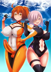 1futa 1girls alternate_costume balls blush bodypaint breasts censored chaldea_combat_uniform cilica cleavage closed_mouth clothing_skin curvy dickgirl elbow_gloves erect_nipples erection fate/grand_order fate_(series) female female_only fujimaru_ritsuka_(female) futa_with_female futanari gloves gudako hair_over_one_eye heart heart-shaped_pupils huge_breasts intersex looking_at_viewer mash_kyrielight nipples nude open_mouth orange_eyes orange_hair painted_clothes penis ponytail purple_eyes purple_hair shiny shiny_clothes shiny_hair shiny_skin short_hair side_ponytail sky smile symbol-shaped_pupils thick_thighs thighs tied_hair wide_hips