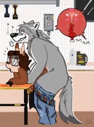 animal_genitalia anthro bashful blush bodily_fluids bombardeer canid canine canine_penis canis cum cum_in_vagina cum_inside deer gasp genital_fluids knot knotting male mammal mechanic p_mm poormansmeridian predator_penetrating_prey shocked size_difference snout surprised tools trans_(lore) trans_man_(lore) wolf x-ray