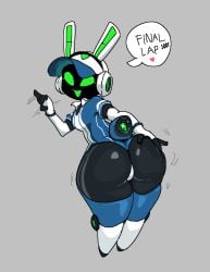 1girls big_ass female green_eyes green_mouth hat headphones jerking_off_hand_motion kevin2195311 leaning_forward long_ears looking_back project_turboblast robot robot_girl smile speech_bubble tempo_(project_turboblast)