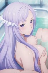 1boy 1girl ai_generated bath bathing bathtub blush breasts closed_mouth completely_nude digitalwaifugallery from_behind grabbing grabbing_another's_breast hetero hi_res high_quality high_resolution large_breasts long_hair looking_at_viewer looking_back medium_breasts mixed-sex_bathing nipples nude parted_bangs partially_submerged patreon pov purple_eyes purple_hair quinella seductive sexy shared_bathing sitting smile solo_focus sword_art_online uncensored very_long_hair water watermark